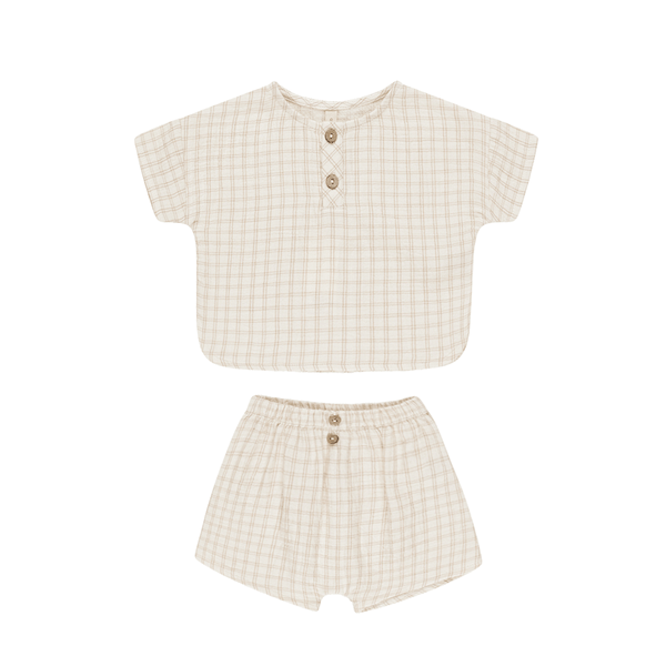 Quincy Mae Woven Boxy Top + Short Set - Oat Check