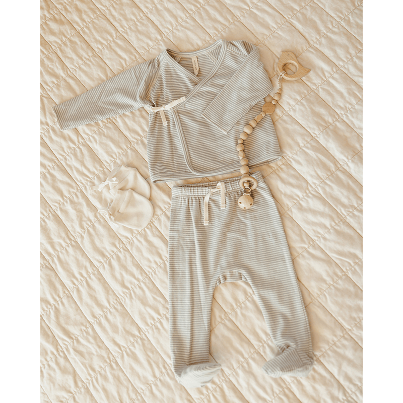 Quincy Mae Wrap Top & Footed Pant Set - Blue Micro Stripe