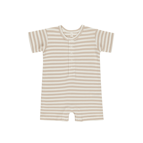 Quincy Mae Waffle Snap Romper - Oat Stripe