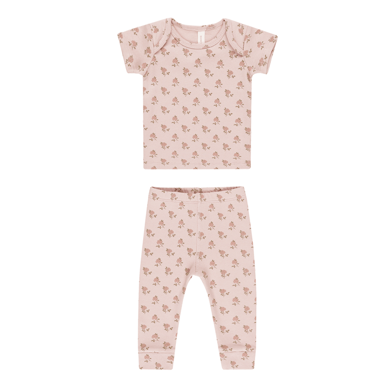 Quincy Mae Ribbed Short Sleeve Tee & Legging Set - Roses